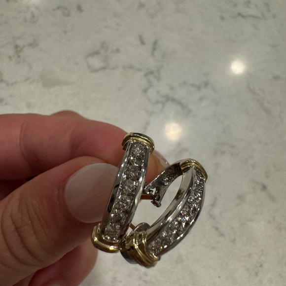 Omega-Back Two-Tone 14K gold Diamond Earrings - Picture 11 of 16